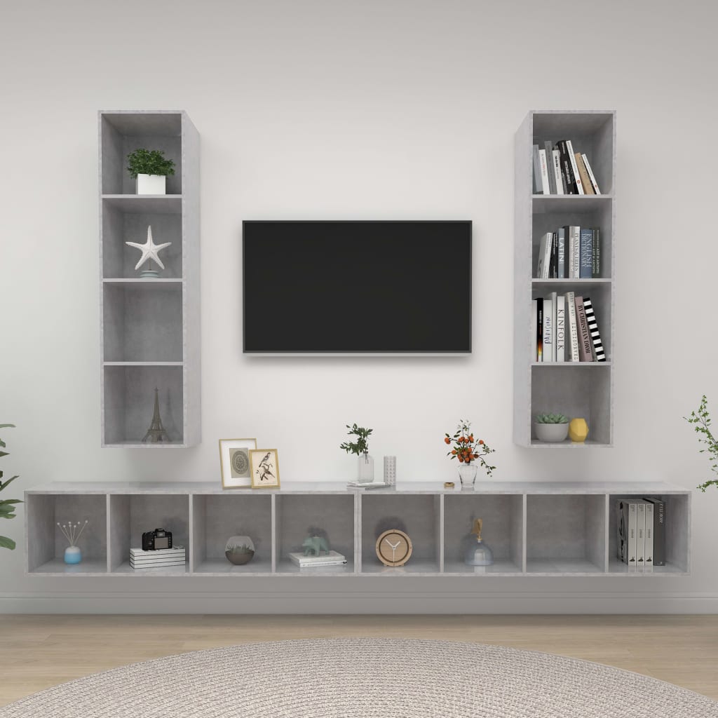 Mobile TV a Parete 4 pz Grigio Cemento in Legno Multistrato