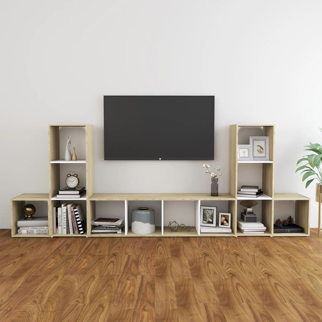 Set Mobile TV 5 pz Bianco e Sonoma in Legno Multistrato