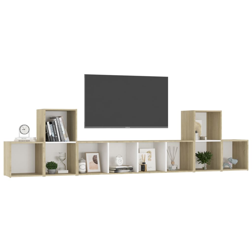 Set Mobile TV 5 pz Bianco e Sonoma in Legno Multistrato