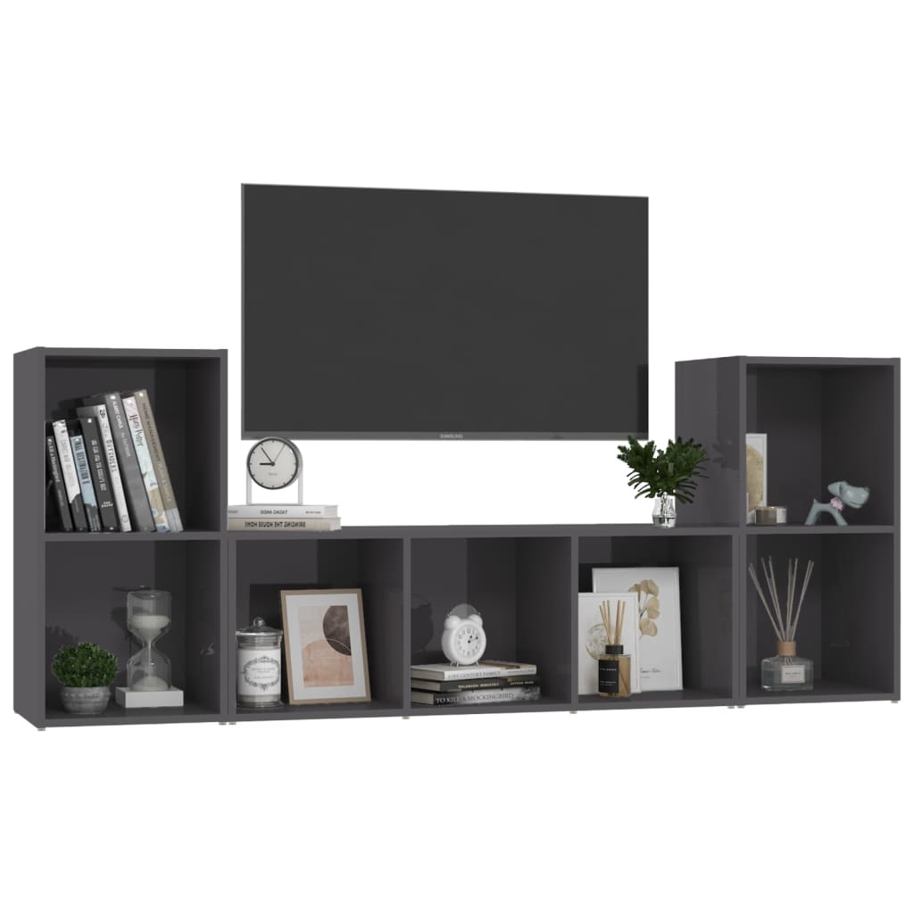 Set Mobili TV 3 pz Grigio Lucido in Legno Multistrato