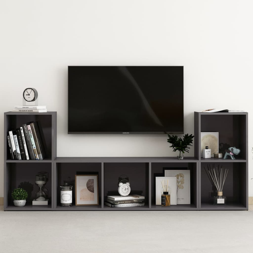 Set Mobili TV 3 pz Grigio Lucido in Legno Multistrato