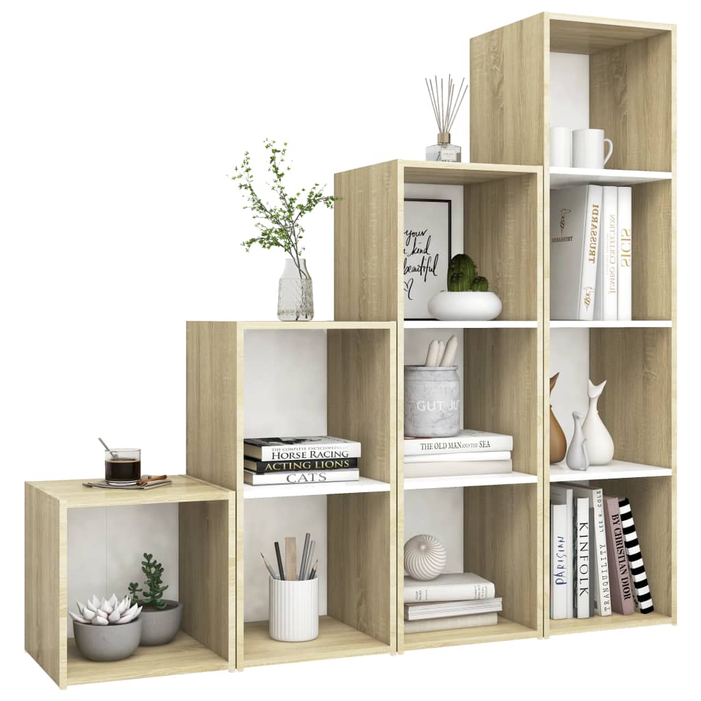 Set Mobile TV 4 pz Bianco e Sonoma in Legno Multistrato