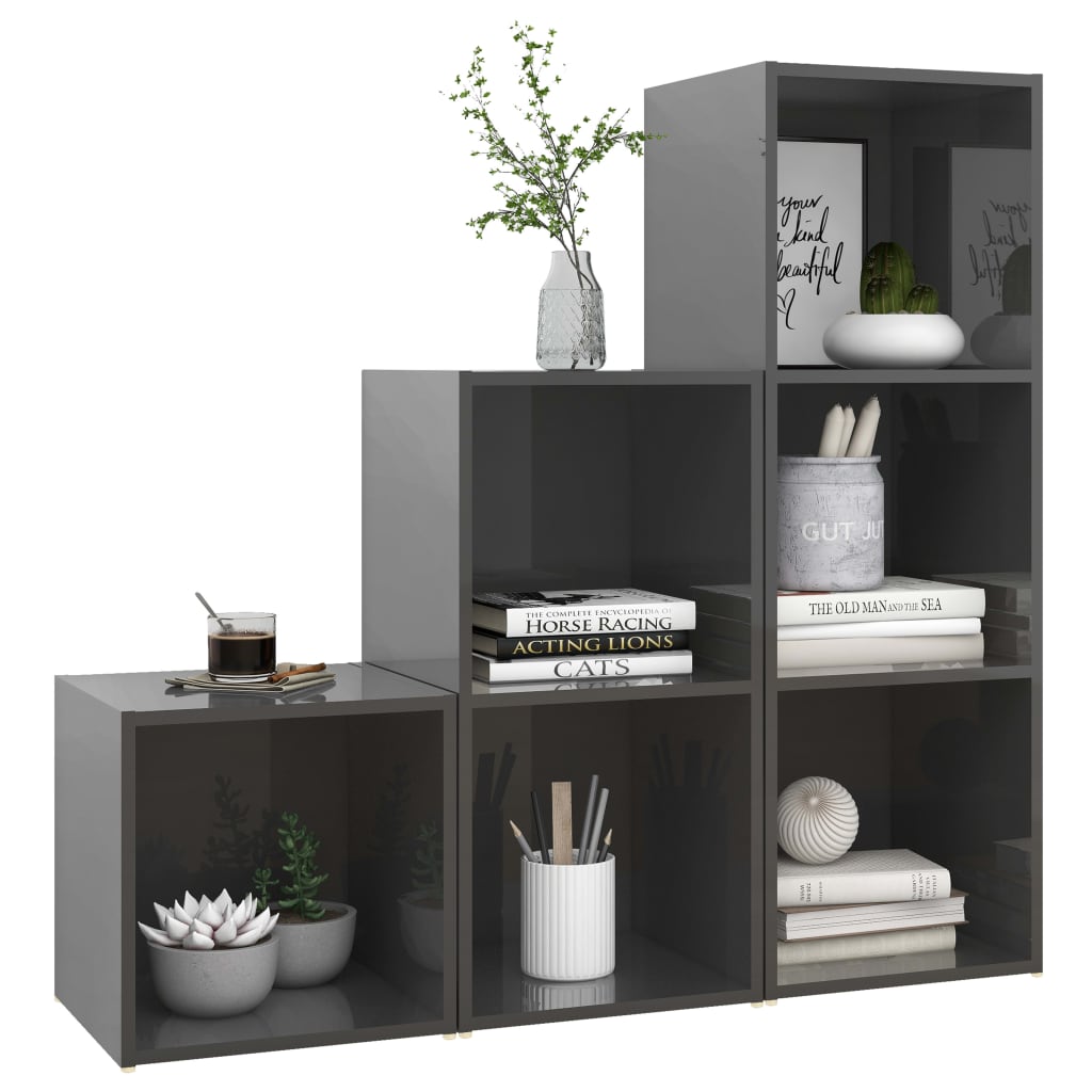 Set Mobili TV 3 pz Grigio Lucido in Legno Multistrato