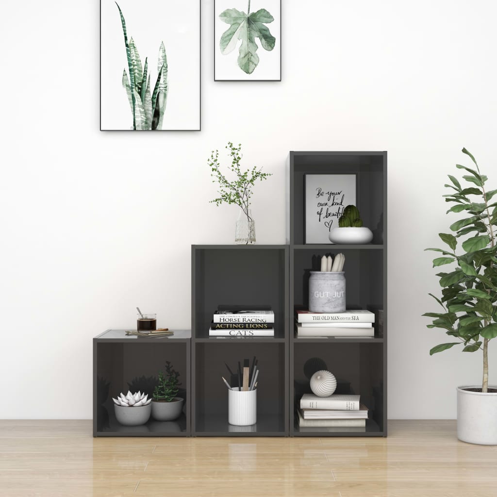 Set Mobili TV 3 pz Grigio Lucido in Legno Multistrato