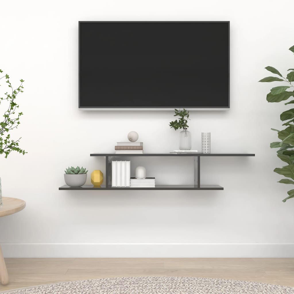 Scaffale TV Parete Grigio Lucido 125x18x23 cm Legno Multistrato