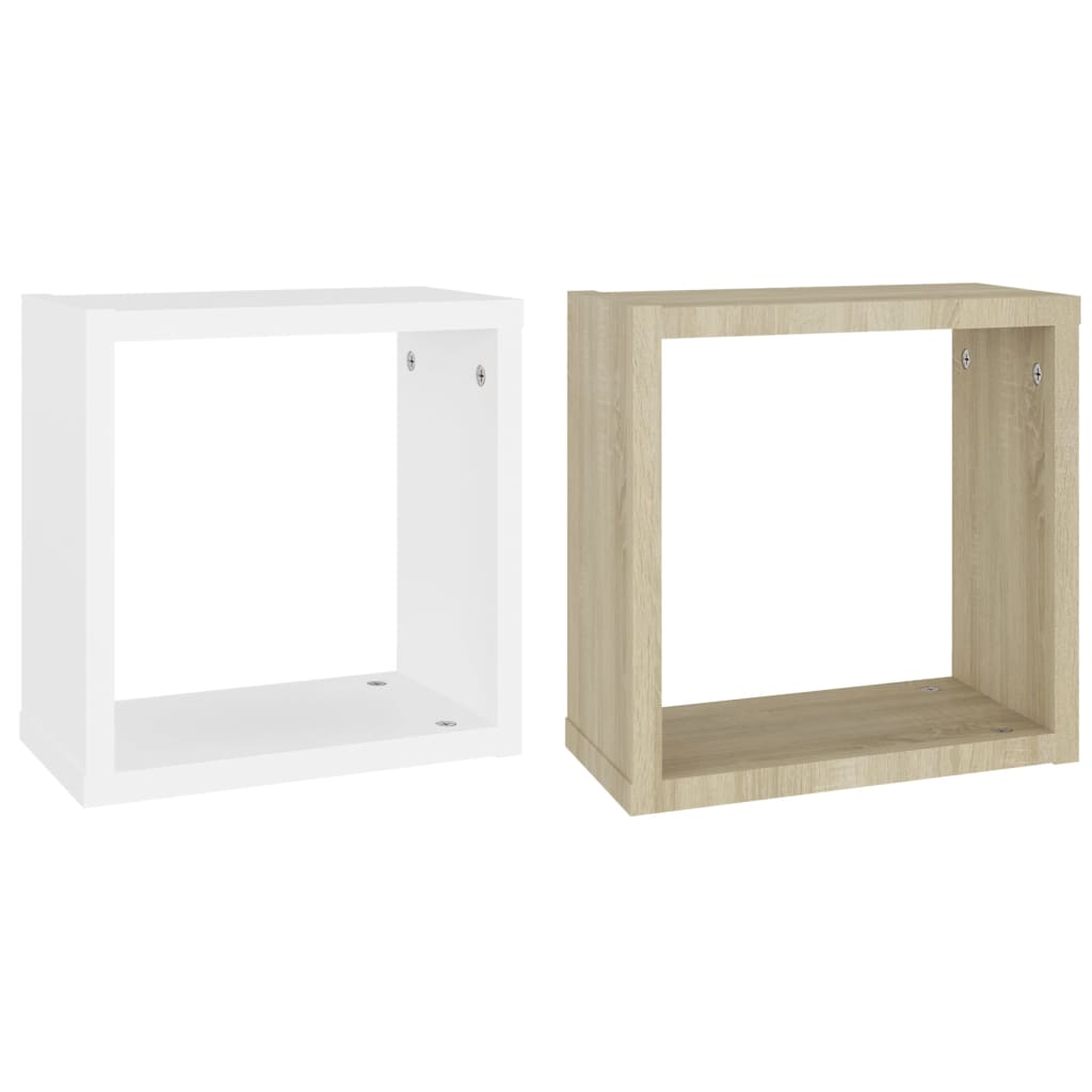Mensole Parete a Cubo 2 pz Bianco e Rovere Sonoma 30x15x30 cm