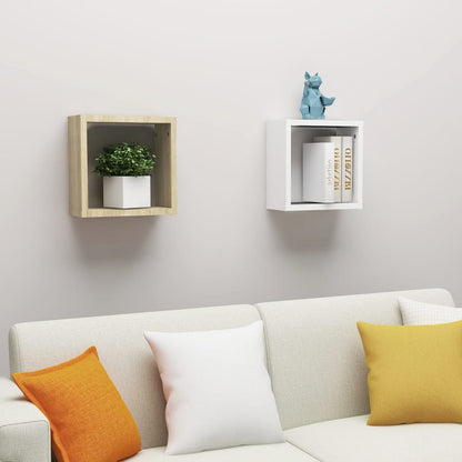 Mensole Parete a Cubo 2 pz Bianco e Rovere Sonoma 30x15x30 cm
