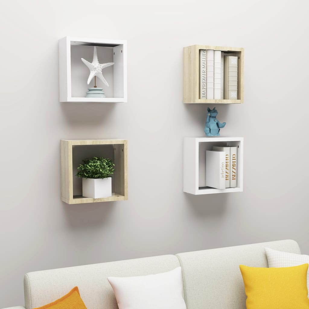 Mensole Parete a Cubo 4 pz Bianco e Rovere Sonoma 30x15x30 cm