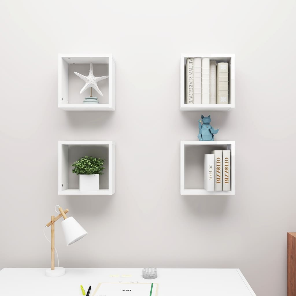 Mensole Parete a Cubo 4 pz Bianco Lucido 30x15x30 cm