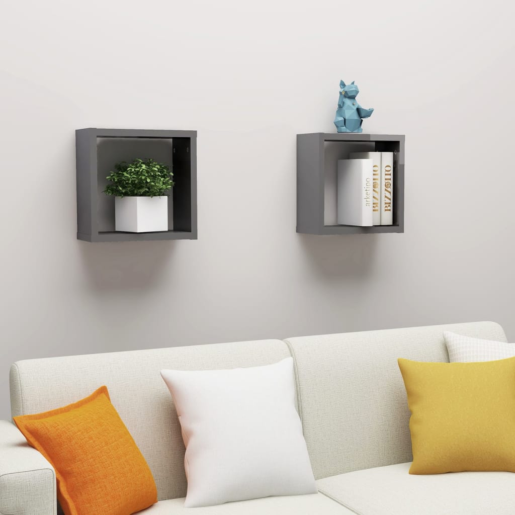 Mensole Parete a Cubo 2 pz Grigio Lucido 30x15x30 cm