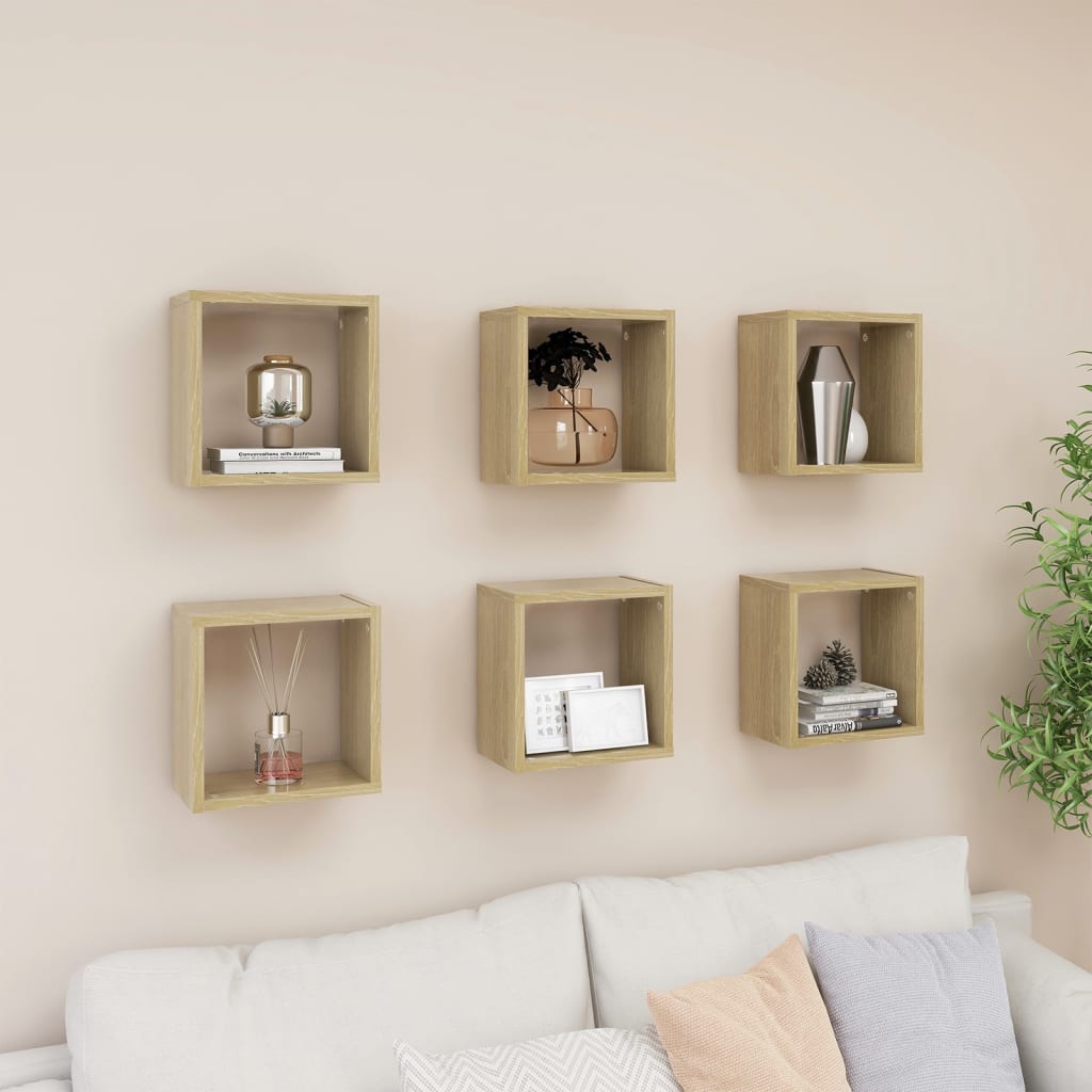 Mensole Parete a Cubo 6 pz Rovere Sonoma 26x15x26 cm