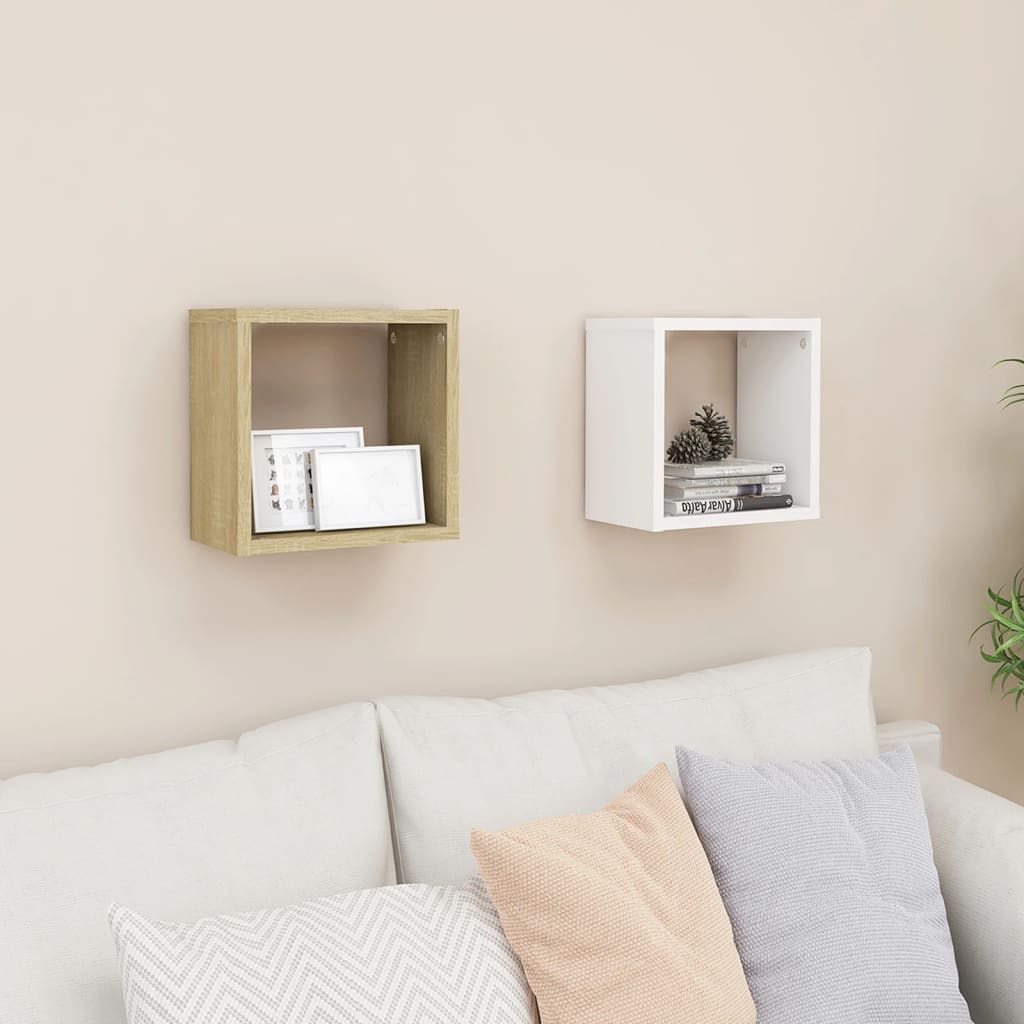 Mensole Parete a Cubo 2 pz Bianco e Rovere Sonoma 26x15x26 cm