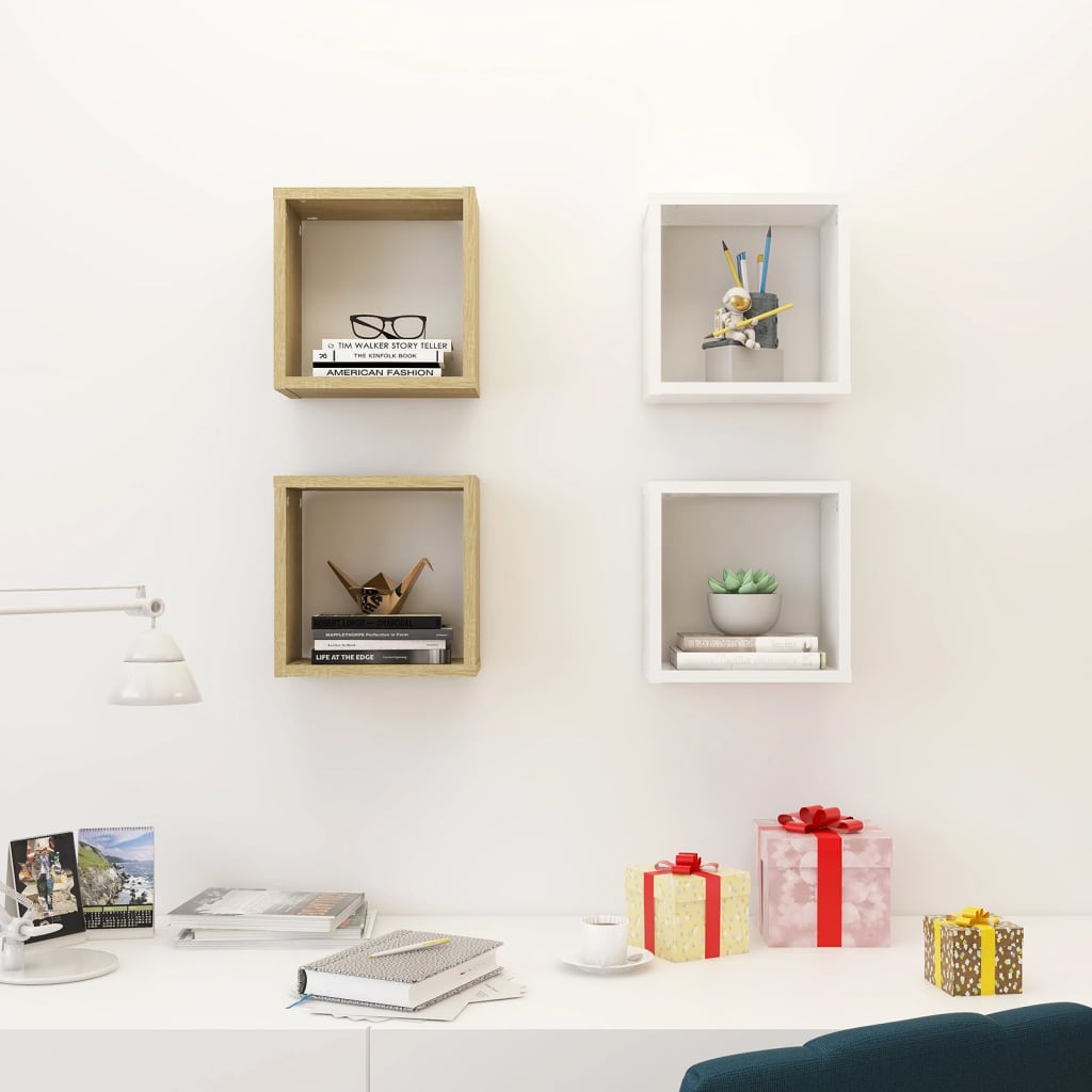 Mensole Parete a Cubo 4 pz Bianco e Rovere Sonoma 26x15x26 cm
