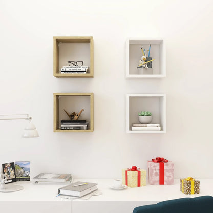 Mensole Parete a Cubo 4 pz Bianco e Rovere Sonoma 26x15x26 cm