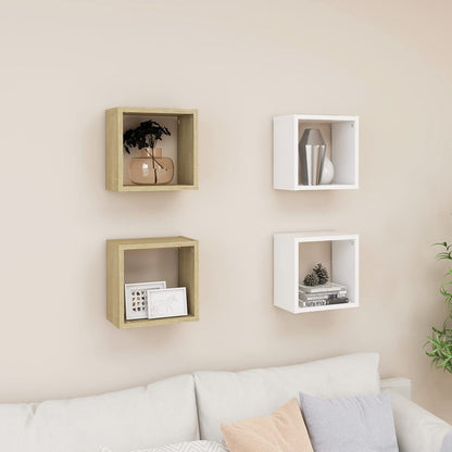 Mensole Parete a Cubo 4 pz Bianco e Rovere Sonoma 26x15x26 cm
