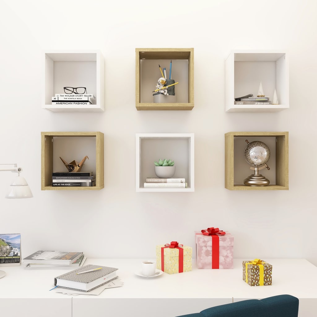 Mensole Parete a Cubo 6 pz Bianco e Rovere Sonoma 26x15x26 cm
