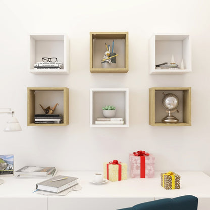 Mensole Parete a Cubo 6 pz Bianco e Rovere Sonoma 26x15x26 cm