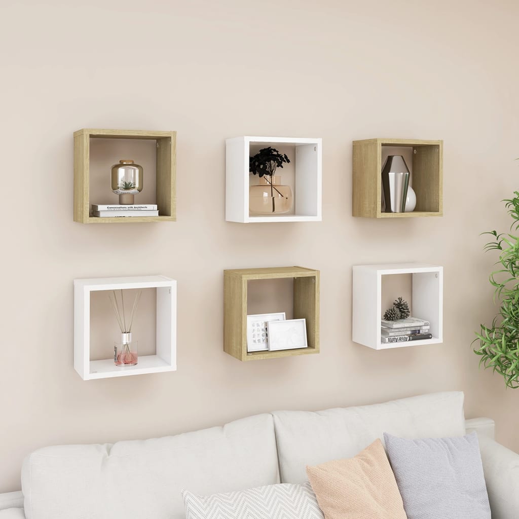 Mensole Parete a Cubo 6 pz Bianco e Rovere Sonoma 26x15x26 cm