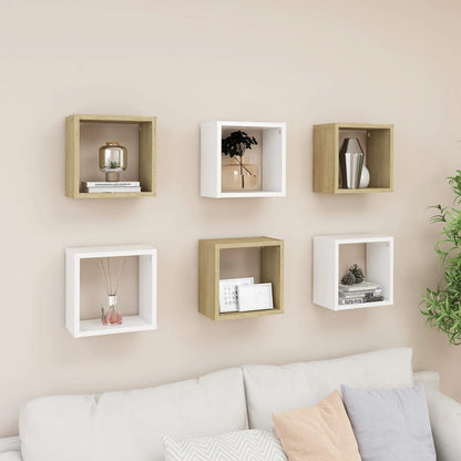 Mensole Parete a Cubo 6 pz Bianco e Rovere Sonoma 26x15x26 cm