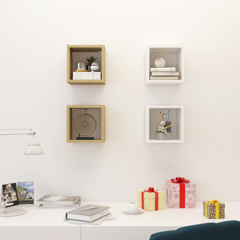 Mensole a Cubo 4 pz Bianco e Rovere Sonoma 22x15x22 cm