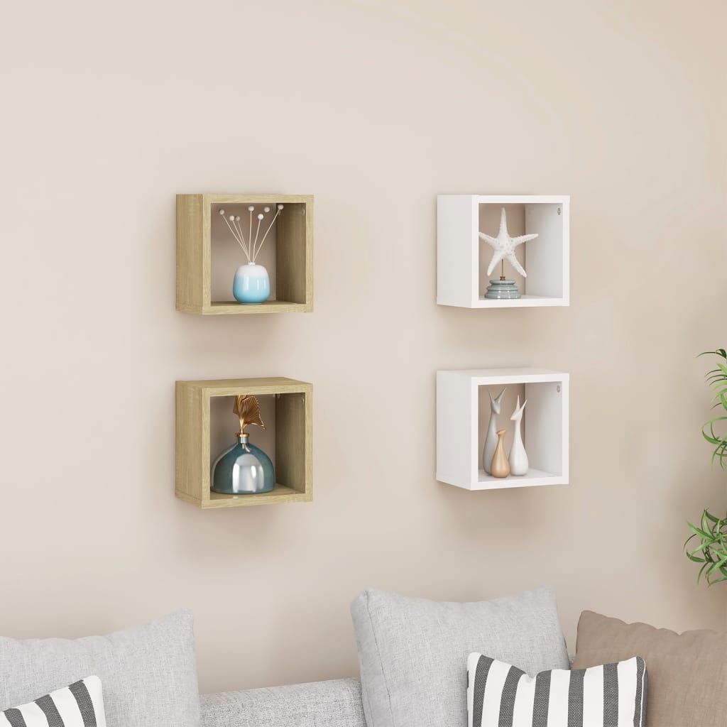Mensole a Cubo 4 pz Bianco e Rovere Sonoma 22x15x22 cm