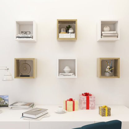Mensole Parete a Cubo 6 pz Bianco e Rovere Sonoma 22x15x22 cm