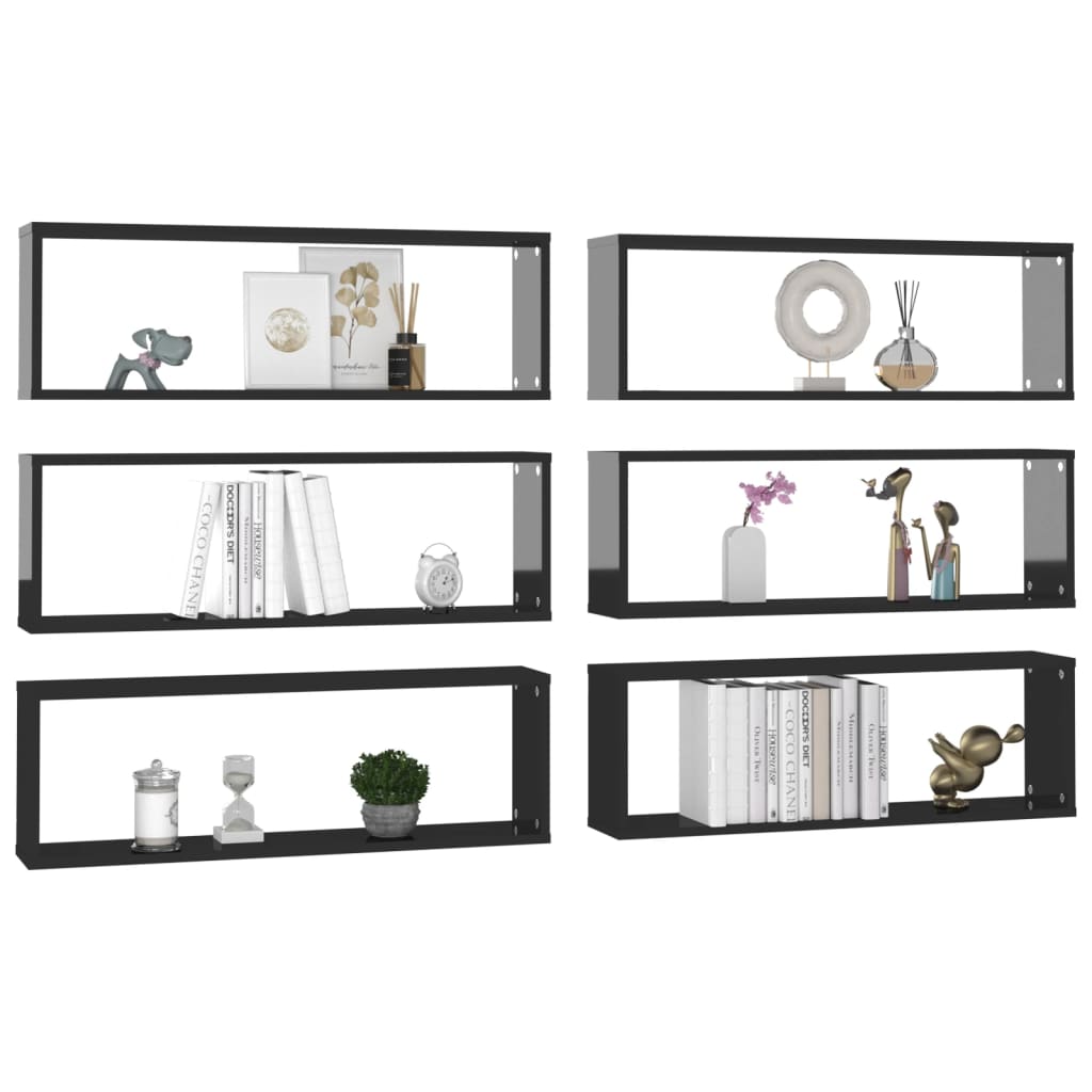 Mensole Parete a Cubo 6pz Nero Lucido 80x15x26,5cm Multistrato