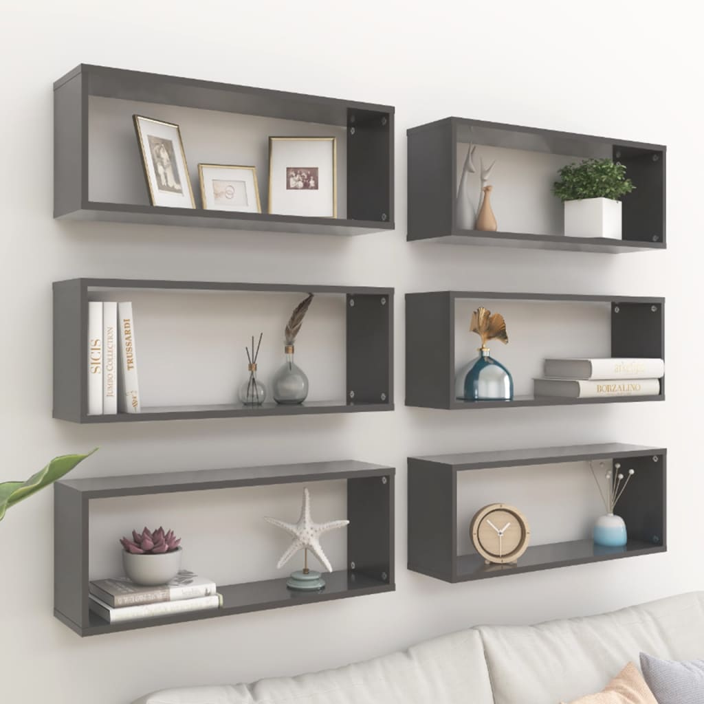 Mensole Parete a Cubo 6pz Grigie 60x15x23 cm Legno Multistrato