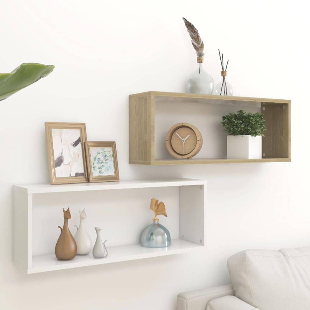 Mensole a Cubo 2pz Bianco Rovere Sonoma 60x15x23 cm Multistrato