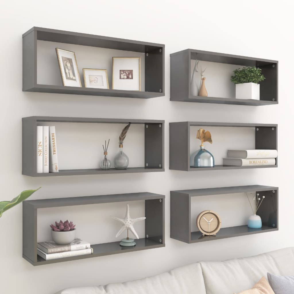 Mensole Parete a Cubo 6pz Grigio Lucido 60x15x23 cm Multistrato