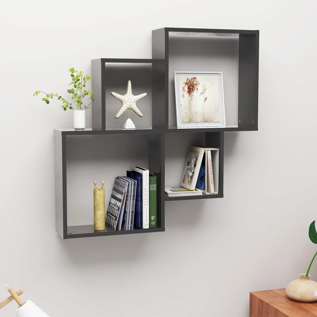 Mensola Muro Cubo Grigio Lucido 80x15x78,5cm Legno Multistrato