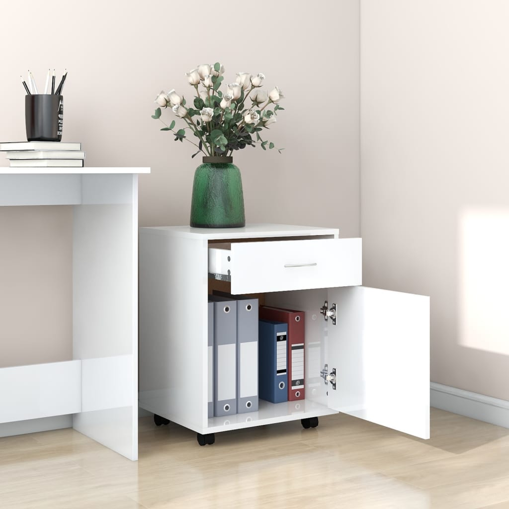 Mobiletto con Ruote Bianco Lucido 45x38x54cm Legno Multistrato