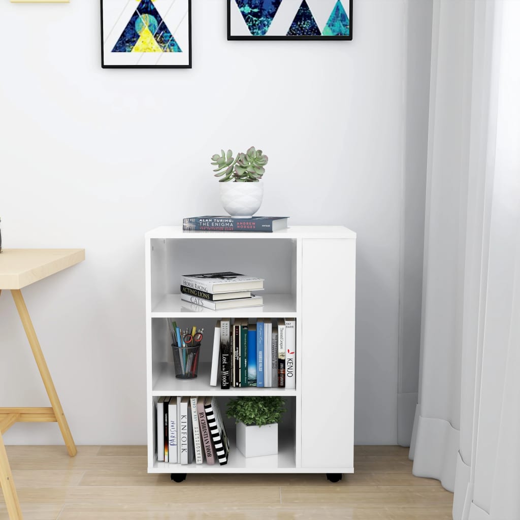 Mobiletto con Ruote Bianco Lucido 60x35x75 cm Legno Multistrato
