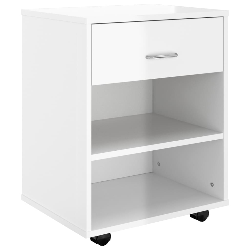 Mobiletto con Ruote Bianco Lucido 46x36x59 cm Legno Multistrato