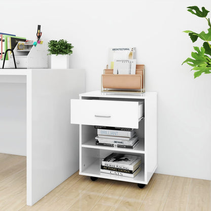 Mobiletto con Ruote Bianco Lucido 46x36x59 cm Legno Multistrato