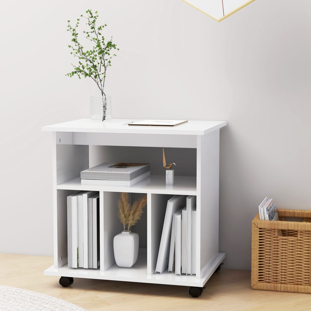 Mobiletto con Ruote Bianco Lucido 60x45x60 cm Legno Multistrato