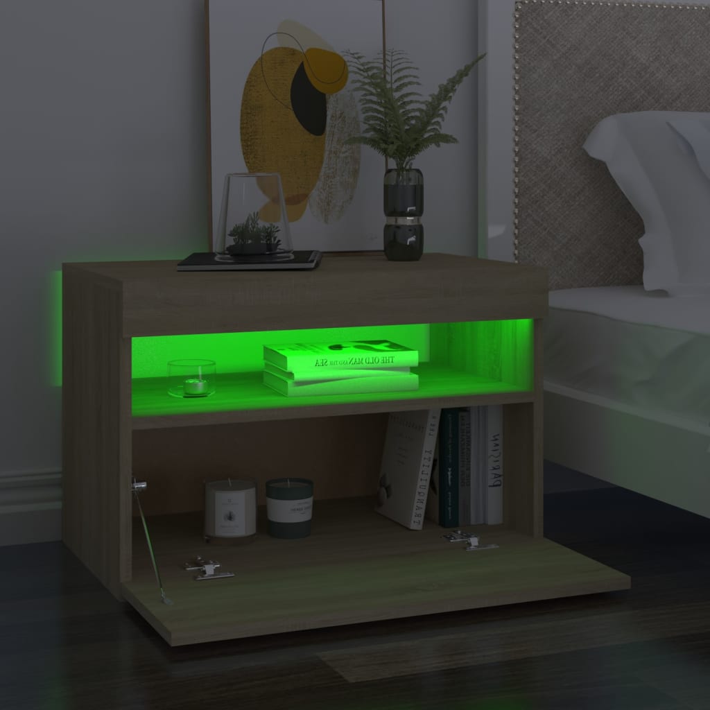 Comodino con Luci LED Sonoma 60x35x40 cm in Legno Multistrato