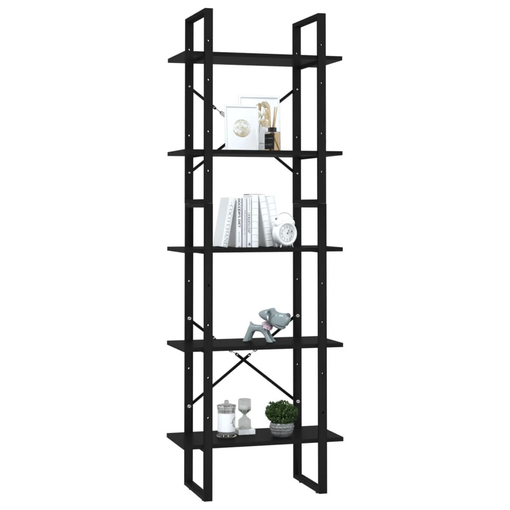 Libreria a 5 Ripiani Nera 60x30x175 cm in Legno di Pino