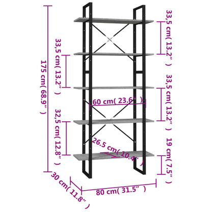 Libreria a 5 Ripiani Grigio Cemento 80x30x175 cm in Multistrato