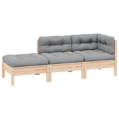 Set Divani da Giardino 3 pz con Cuscini Grigi Massello di Pino