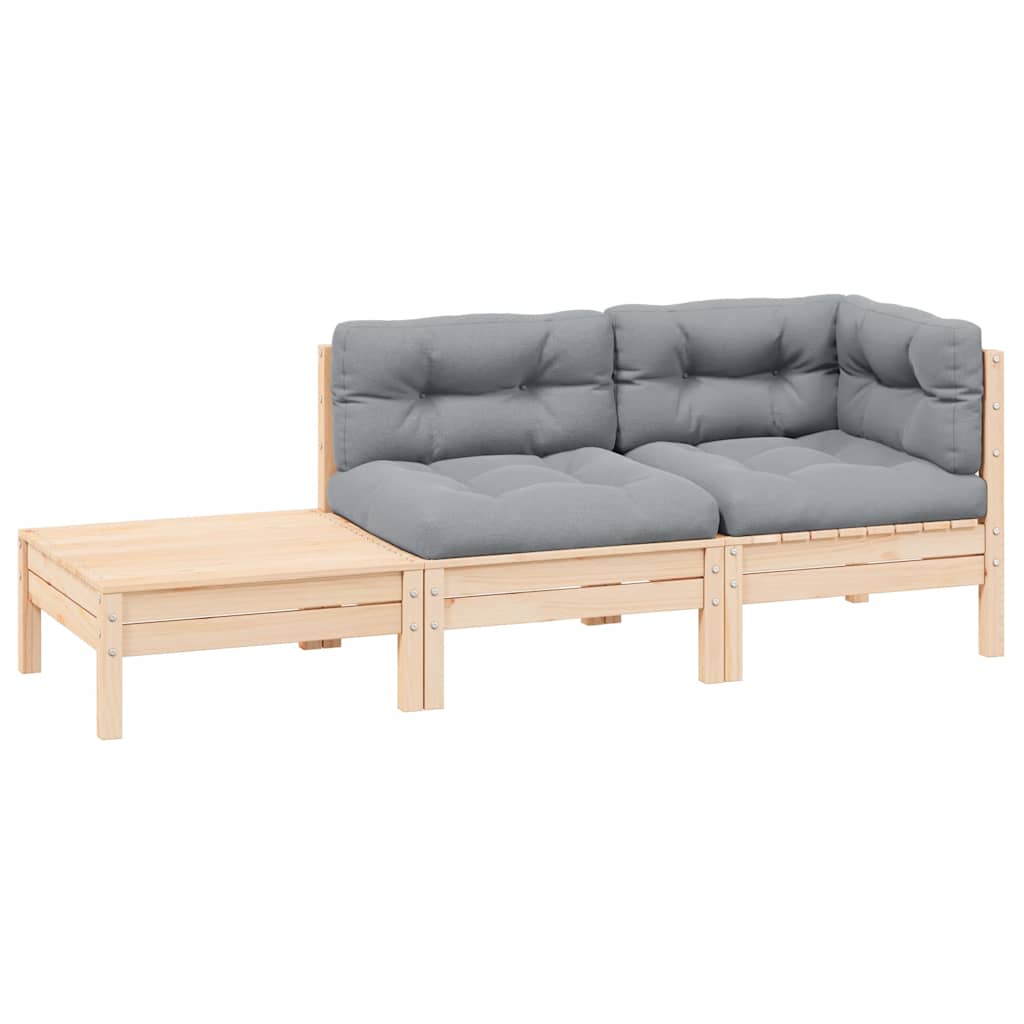 Set Divani da Giardino 3 pz con Cuscini Grigi Massello di Pino