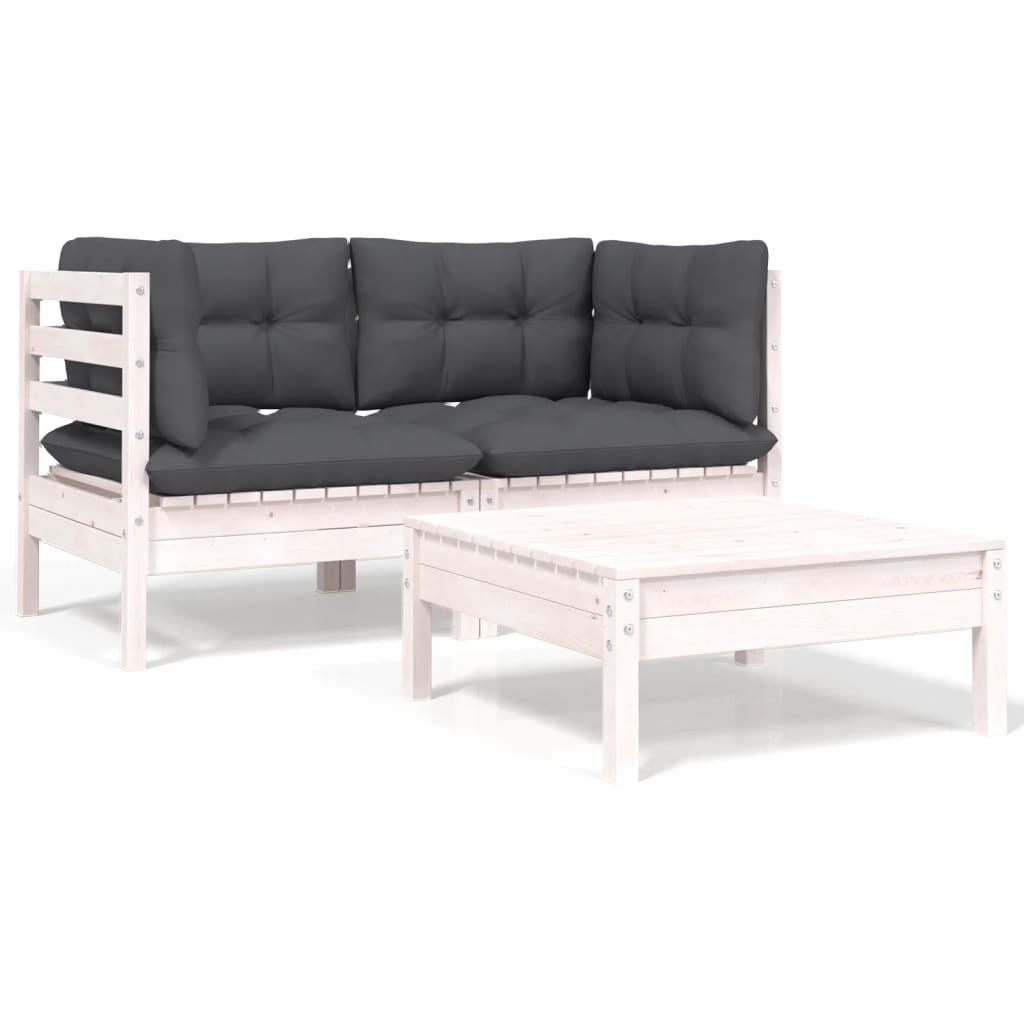 Set Divani da Giardino 3 pz con Cuscini Bianco in Massello Pino
