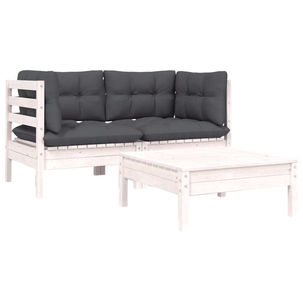 Set Divani da Giardino 3 pz con Cuscini Bianco in Massello Pino