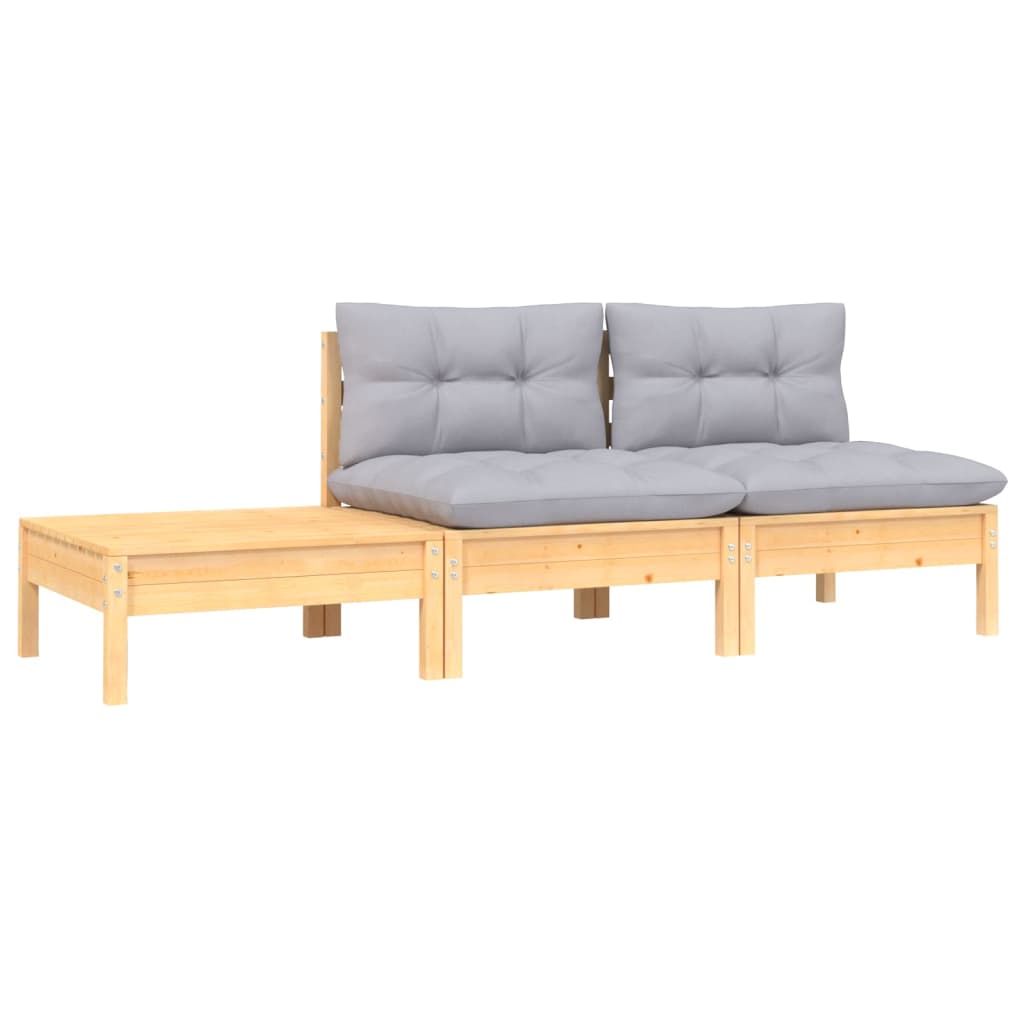 Set Divani da Giardino 3 pz con Cuscini Grigio Massello di Pino