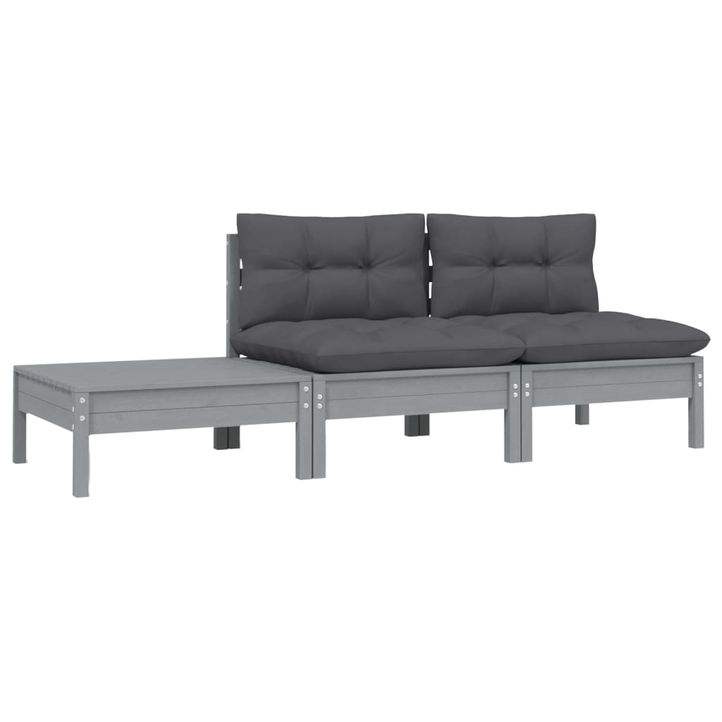 Set Divani da Giardino 3 pz Grigio Cuscini Massello di Pino