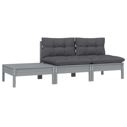 Set Divani da Giardino 3 pz Grigio Cuscini Massello di Pino