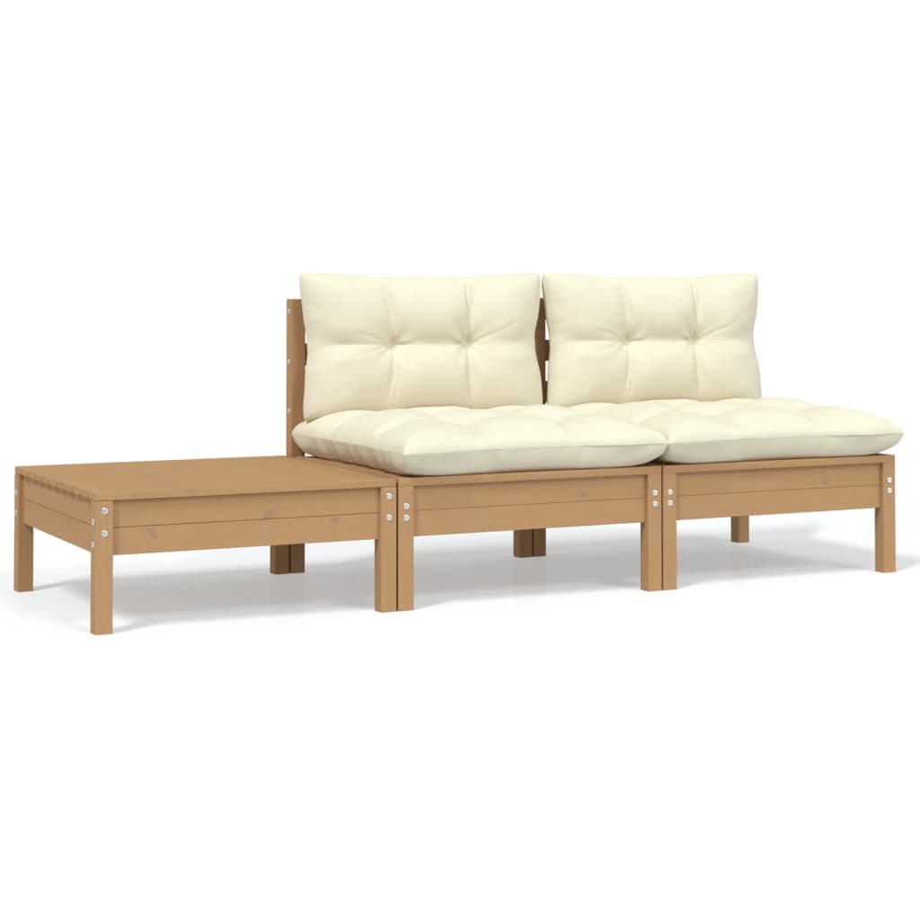 Set Divani da Giardino 3 pz con Cuscini Crema Massello di Pino