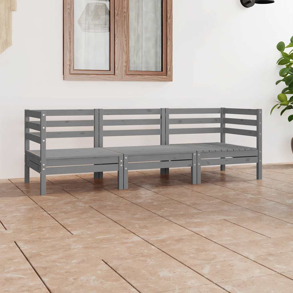 Set Divani da Giardino 3 pz Grigio in Legno Massello di Pino