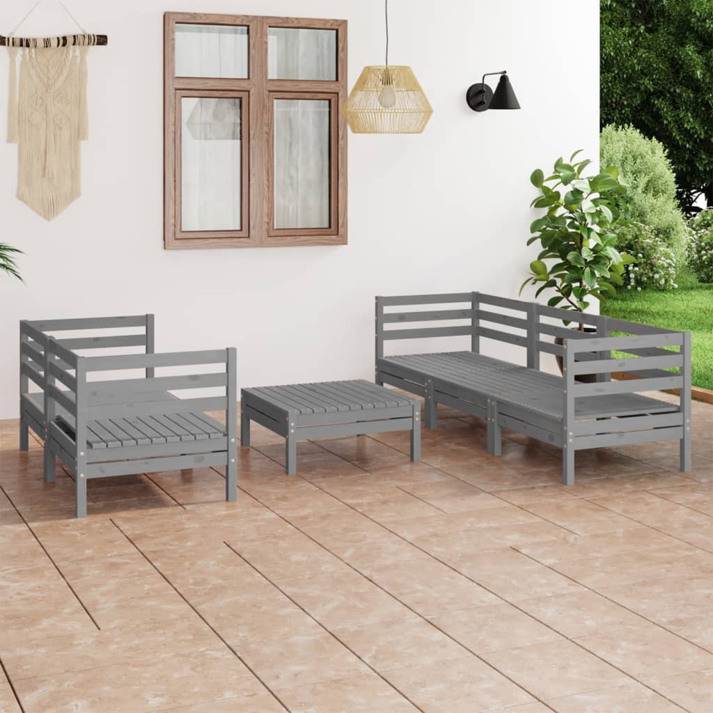 Set Divani da Giardino 6 pz Grigio in Legno Massello di Pino