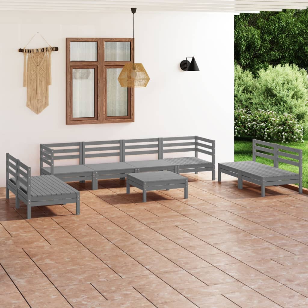 Set Divani da Giardino 9 pz Grigio in Legno Massello di Pino